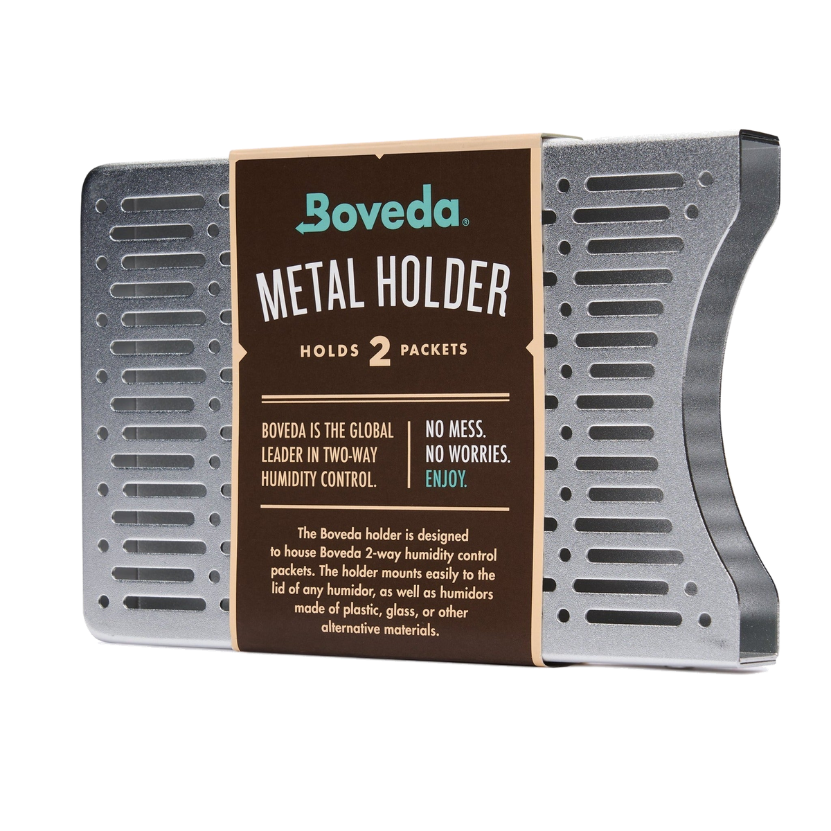 Boveda metal holder for 2 packs, retail packaging front and back
